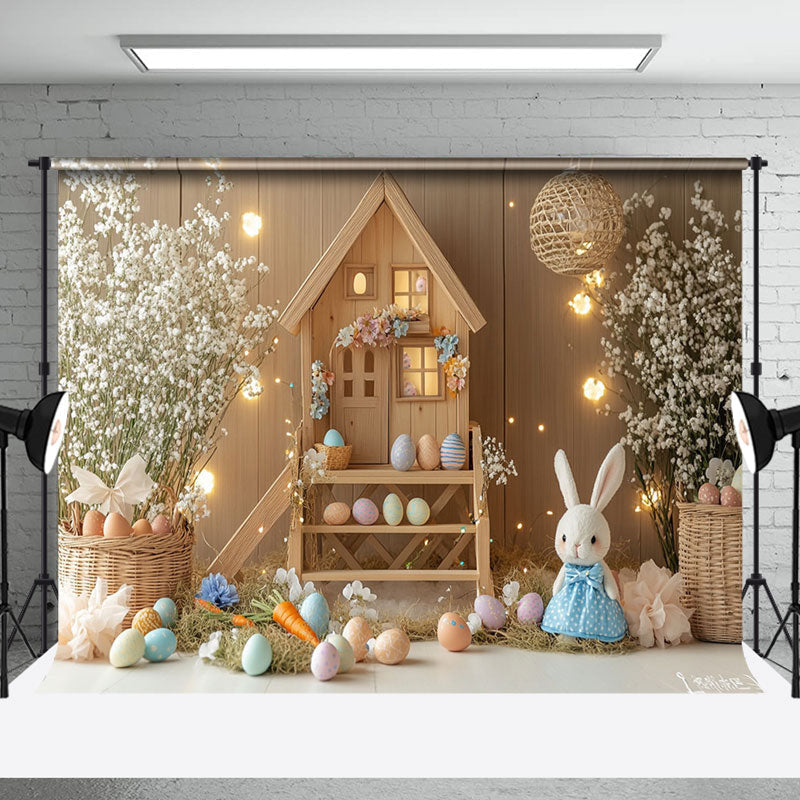 Aperturee - Aperturee Wooden House Bunny Eggs Floral Easter Photo Backdrop