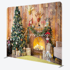 Aperturee - Aperturee Wooden House Christmas Fireplace Tension Fabric Backdrop