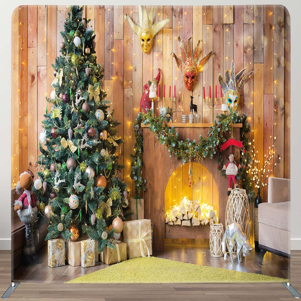 Aperturee - Aperturee Wooden House Christmas Fireplace Tension Fabric Backdrop