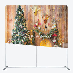 Aperturee - Aperturee Wooden House Christmas Fireplace Tension Fabric Backdrop