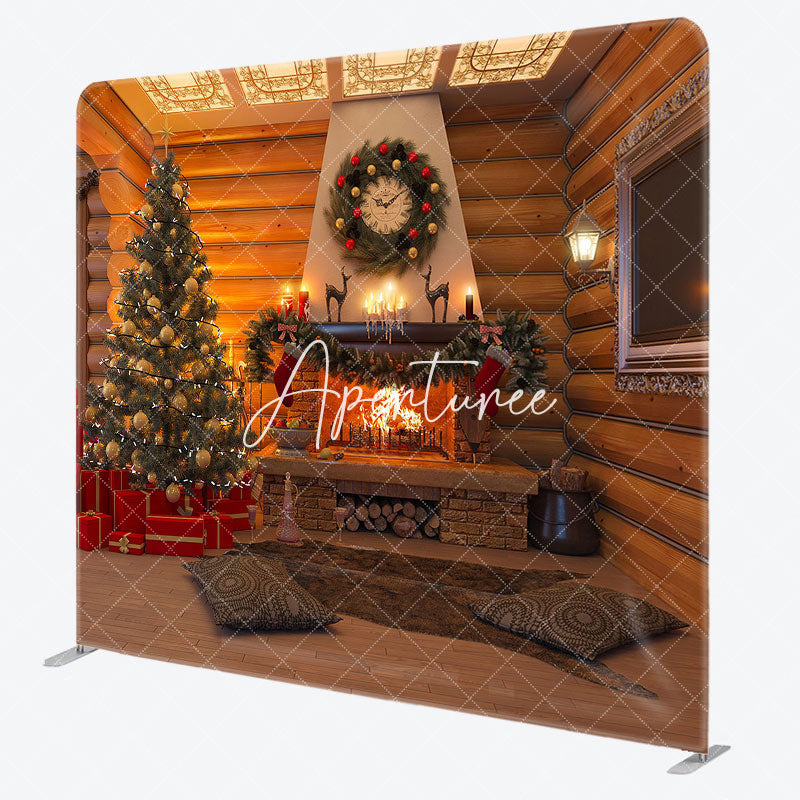 Aperturee - Aperturee Wooden House Fireplace Tension Fabric Christmas Backdrop