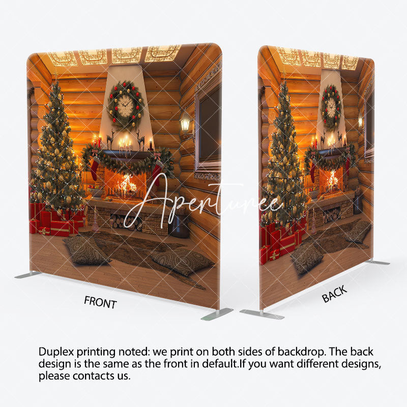 Aperturee - Aperturee Wooden House Fireplace Tension Fabric Christmas Backdrop