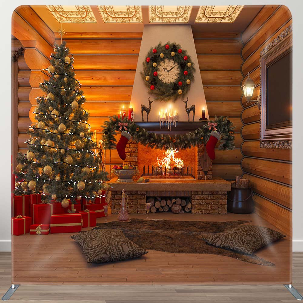 Aperturee - Aperturee Wooden House Fireplace Tension Fabric Christmas Backdrop