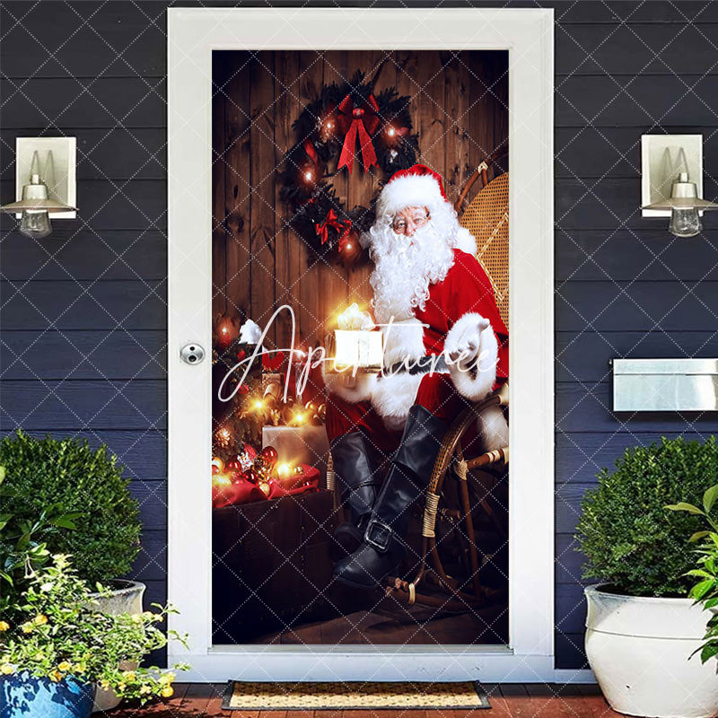 Aperturee - Aperturee Wooden House Lighted Santa Christmas Door Cover