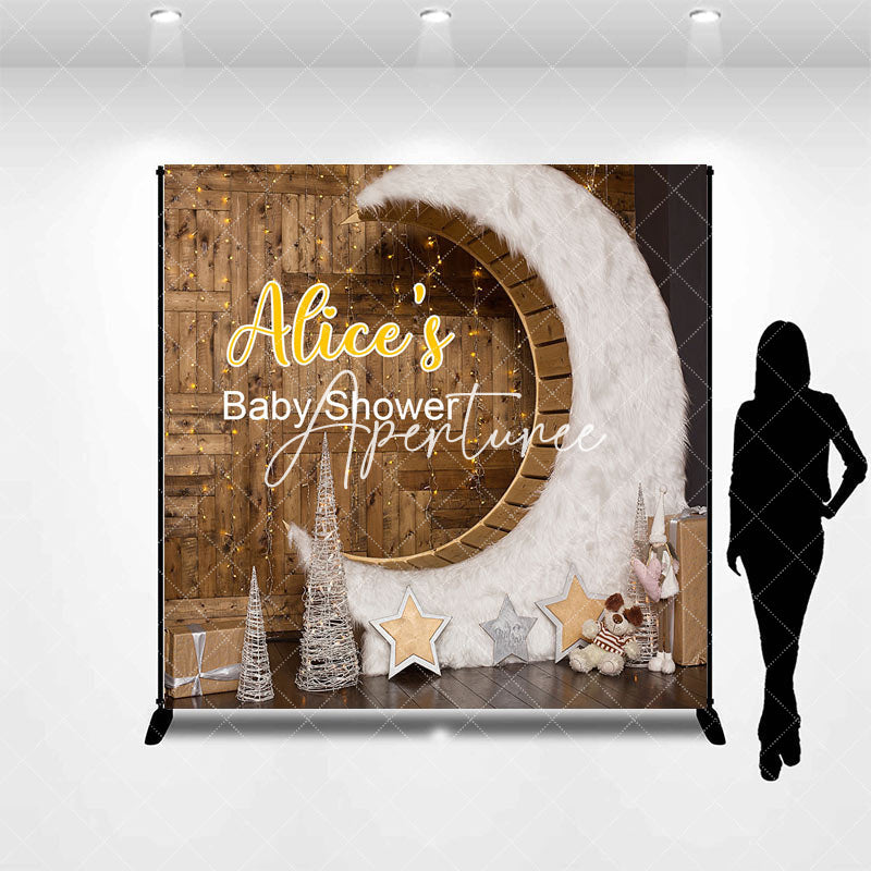 Aperturee - Aperturee Wooden House Moon Custom Name Baby Shower Backdrop