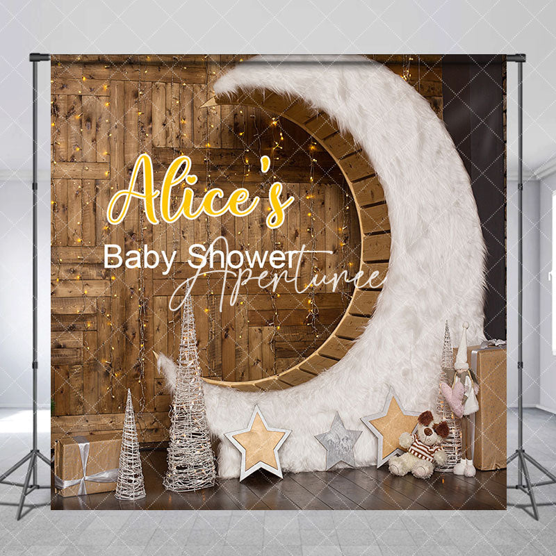 Aperturee - Aperturee Wooden House Moon Custom Name Baby Shower Backdrop