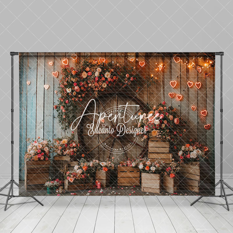 Aperturee - Aperturee Wooden House Pink Flower Lighted Love Heart Backdrop