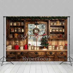 Aperturee - Aperturee Wooden Kitchen Pine Leaves Wreath Christmas Backdrop