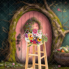 Aperturee - Aperturee Wooden Pink Door Tree Basket Eggs Easter Backdrop