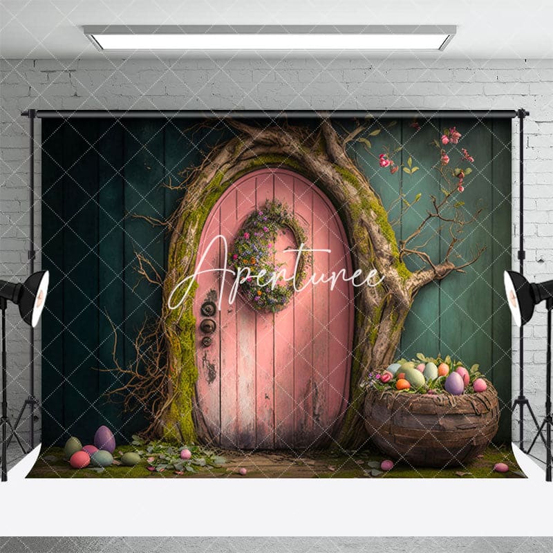 Aperturee - Aperturee Wooden Pink Door Tree Basket Eggs Easter Backdrop