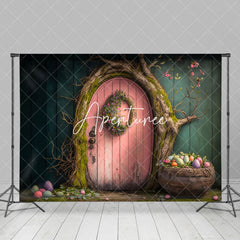 Aperturee - Aperturee Wooden Pink Door Tree Basket Eggs Easter Backdrop