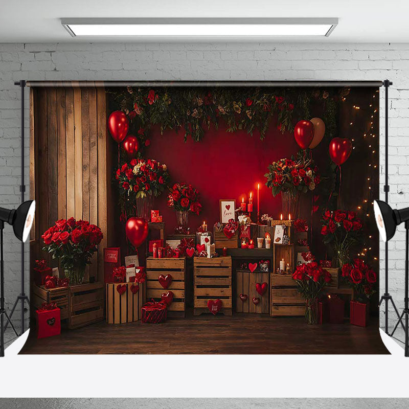 Aperturee - Aperturee Wooden Room Red Wall Rose Valentines Day Backdrop