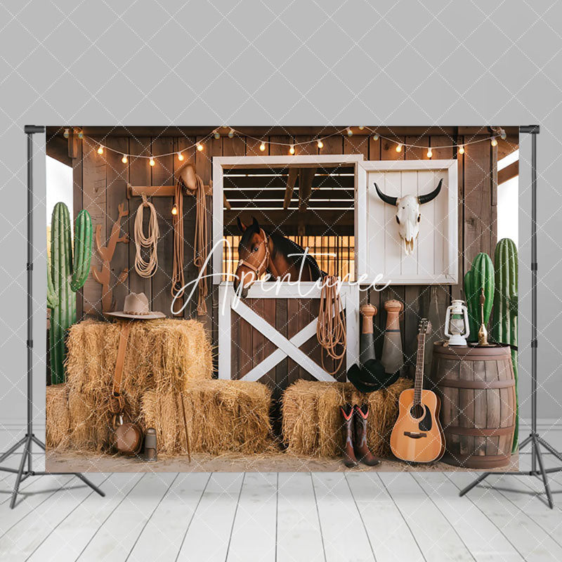 Aperturee - Aperturee Wooden Stable Hay Horse Cowboy Cake Smash Backdrop