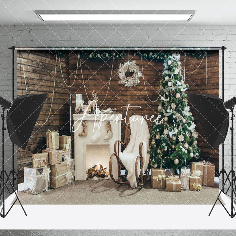 Aperturee - Aperturee Wooden Wall White Fireplace Xmas Photography Backdrop