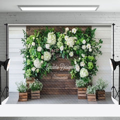 Aperturee - Aperturee Wooden Wall White Floral Greenery Spring Backdrop