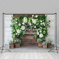 Aperturee - Aperturee Wooden Wall White Floral Greenery Spring Backdrop