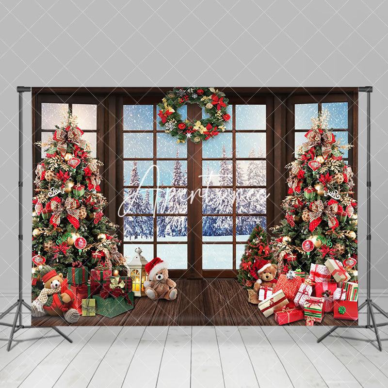 Aperturee - Aperturee Wooden Window Trees Gifts Forest Christmas Backdrop