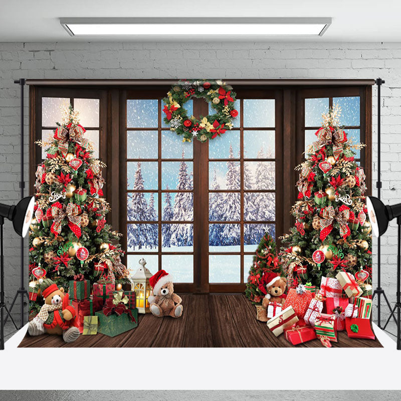 Aperturee - Aperturee Wooden Window Trees Gifts Forest Christmas Backdrop