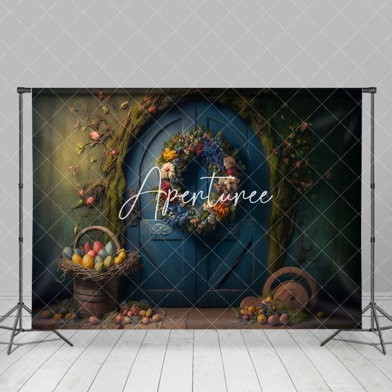 Aperturee - Aperturee Wreath Blue Arch Door Basket Eggs Easter Backdrop