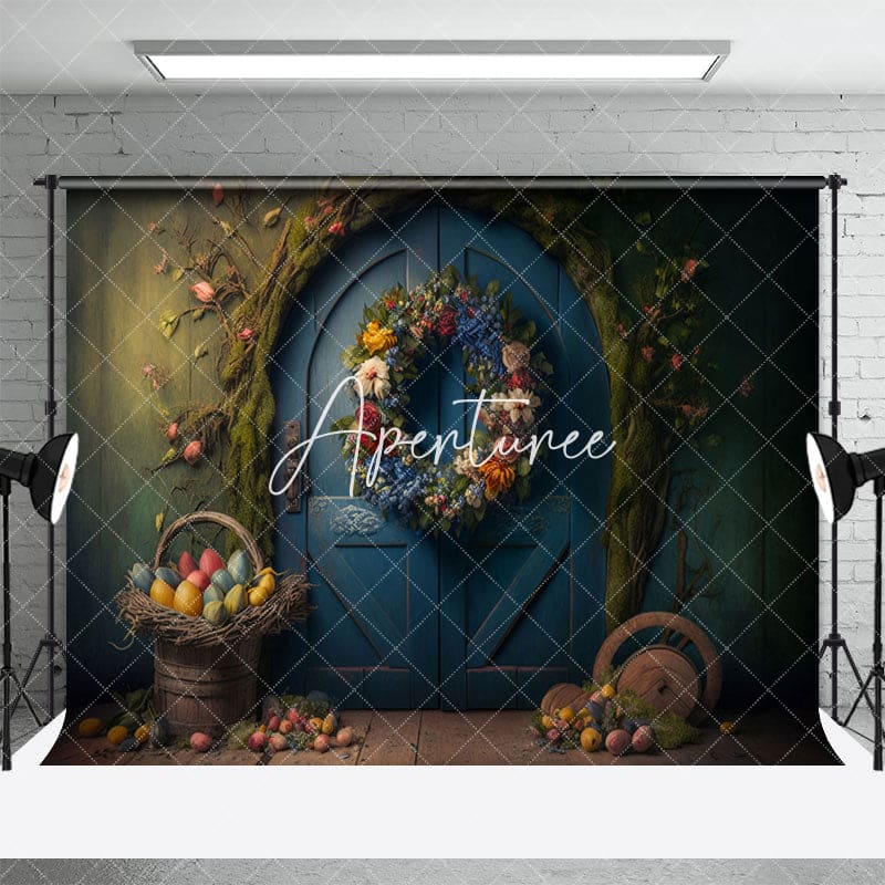 Aperturee - Aperturee Wreath Blue Arch Door Basket Eggs Easter Backdrop