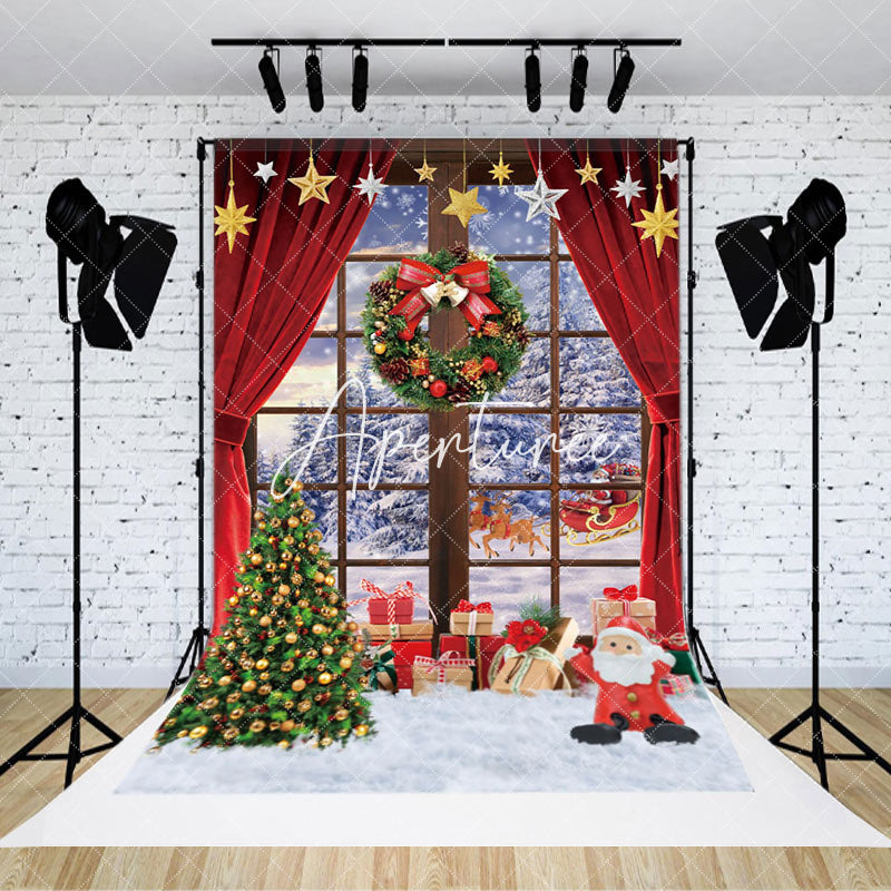 Aperturee - Aperturee Wreath Red Curtain Snowy Outside Christmas Backdrop