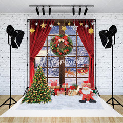 Aperturee - Aperturee Wreath Red Curtain Snowy Outside Christmas Backdrop