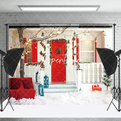 Aperturee - Aperturee Wreath Red Door Trees Sofa Warm Christams Backdrop