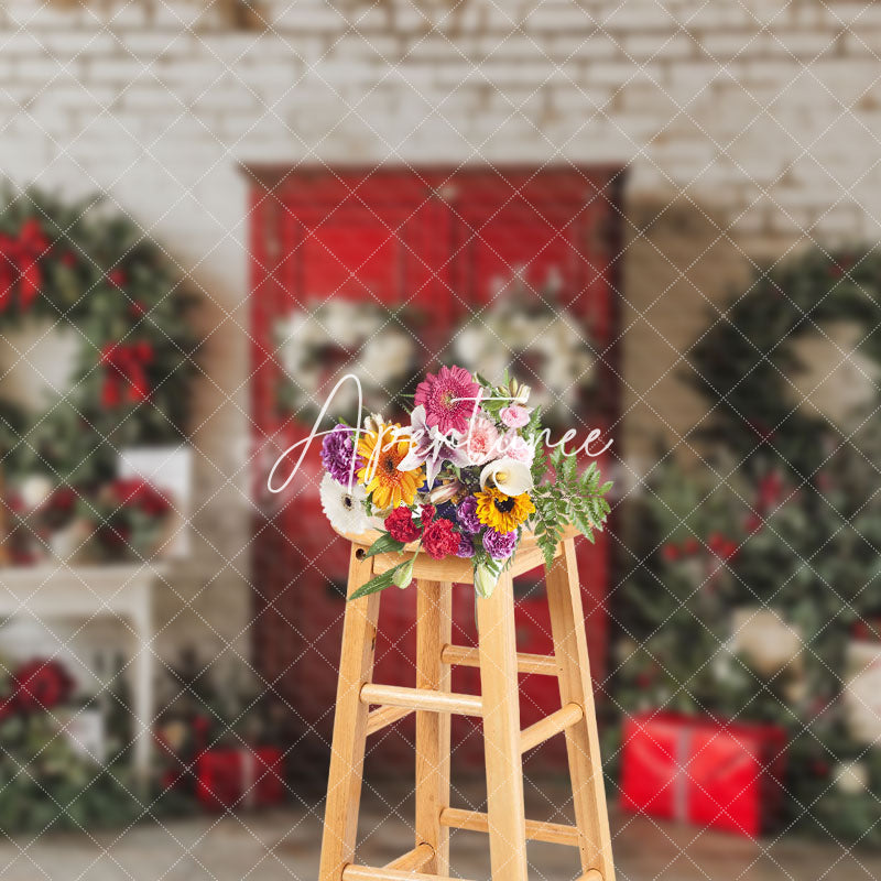 Aperturee - Aperturee Wreaths Red Door Christmas Winter Holiday Backdrop