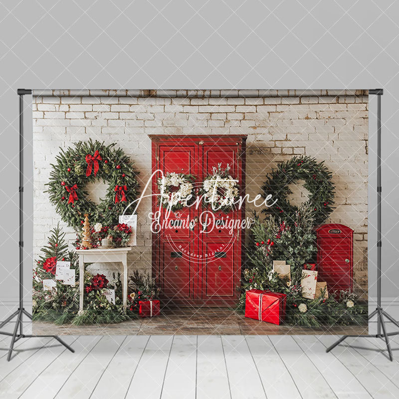 Aperturee - Aperturee Wreaths Red Door Christmas Winter Holiday Backdrop