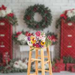 Aperturee - Aperturee Wreaths Red Door Warm Winter Christmas Scene Backdrop