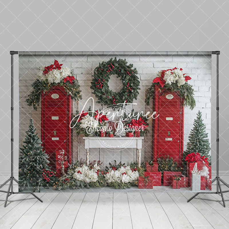 Aperturee - Aperturee Wreaths Red Door Warm Winter Christmas Scene Backdrop