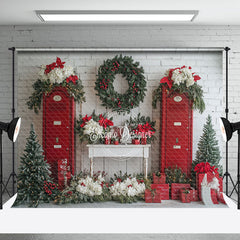 Aperturee - Aperturee Wreaths Red Door Warm Winter Christmas Scene Backdrop