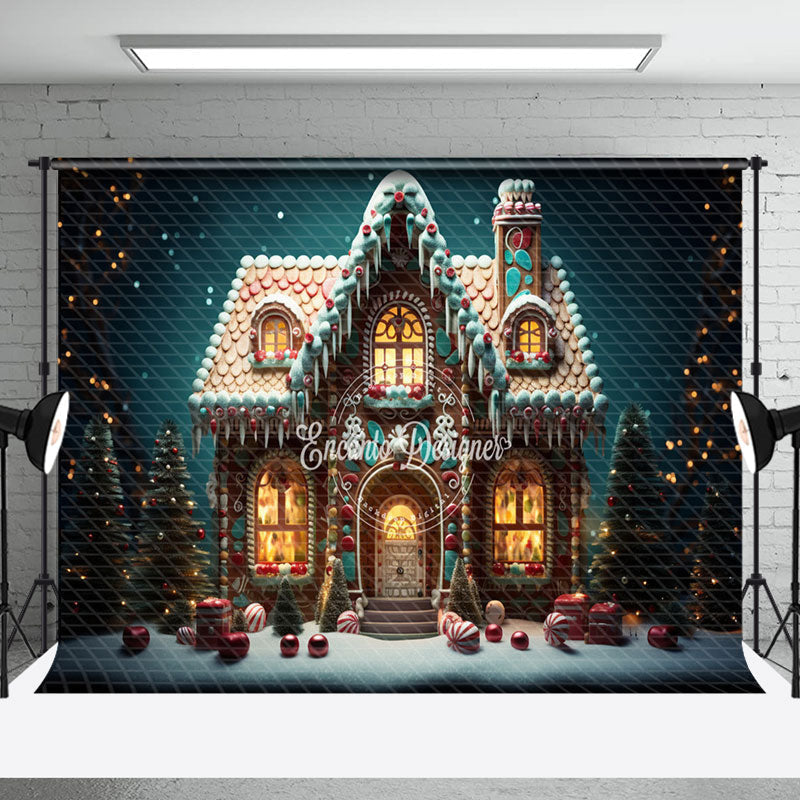 Aperturee - Aperturee Xmas Tree Gingerbread House Night Christmas Backdrop