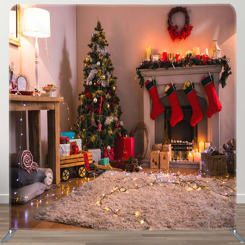 Aperturee - Aperturee Xmas Tree Light Fireplace Tension Fabric Backdrop