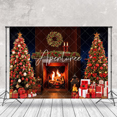 Aperturee - Aperturee Xmas Trees Gifts Retro Fireplace Christmas Backdrop