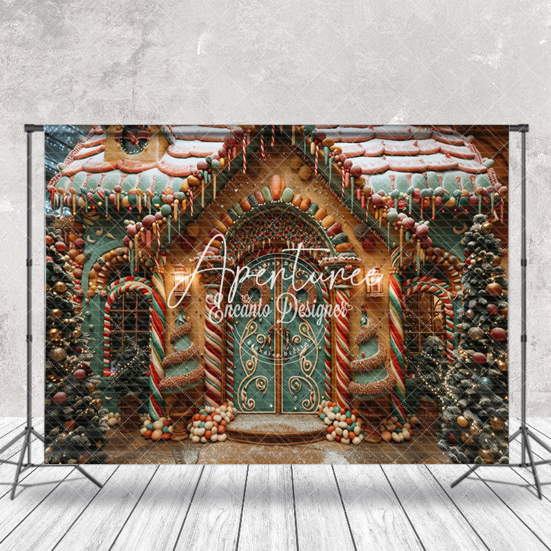 Aperturee - Aperturee Xmas Trees Gingerbread House Christmas Backdrop