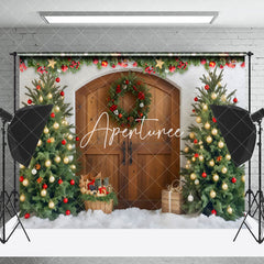 Aperturee - Aperturee Xmas Trees Wooden Door Vintage Christmas Backdrop