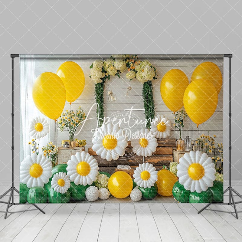 Aperturee - Aperturee Yellow Balloon Flowers Cake Smash Spring Backdrop