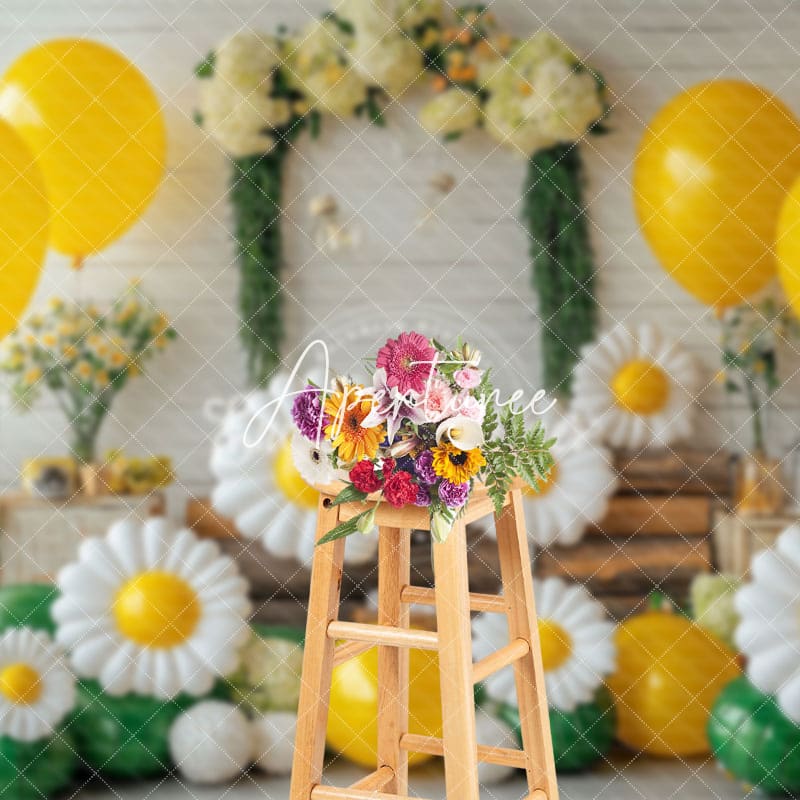 Aperturee - Aperturee Yellow Balloon Flowers Cake Smash Spring Backdrop