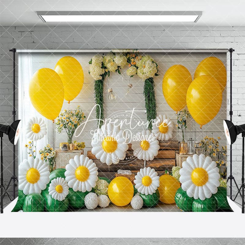 Aperturee - Aperturee Yellow Balloon Flowers Cake Smash Spring Backdrop