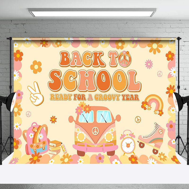 Aperturee - Aperturee Yellow Floral Car Groovy Back To School Backdrop