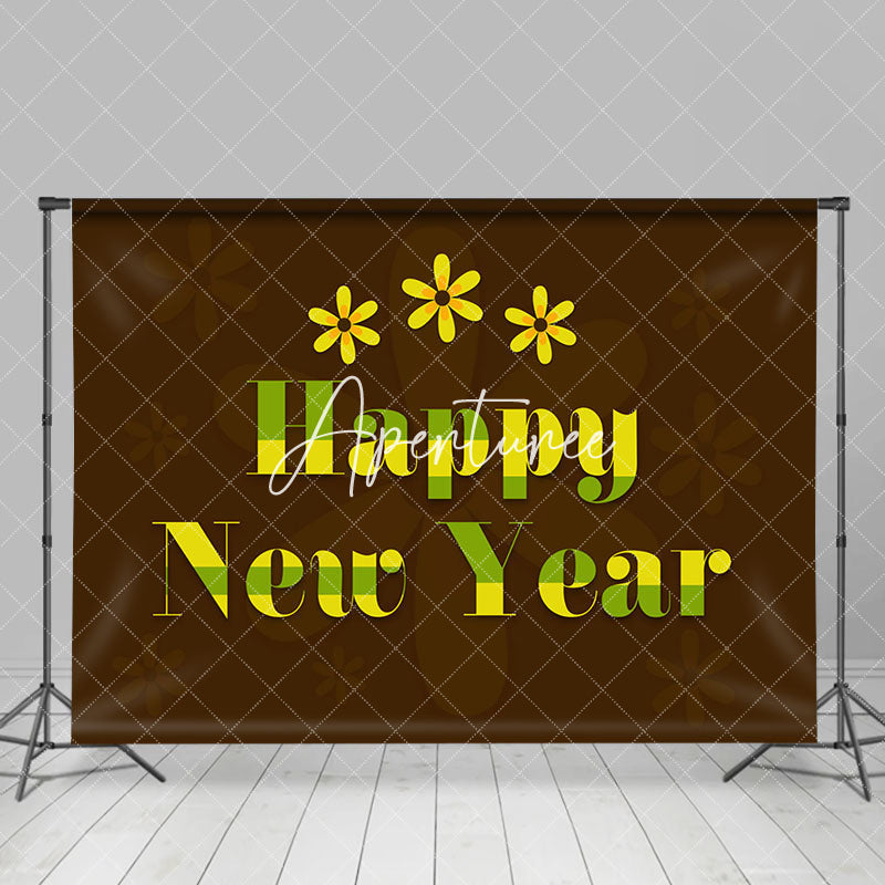 Aperturee - Aperturee Yellow Floral Dark Brown Happy New Year Backdrop