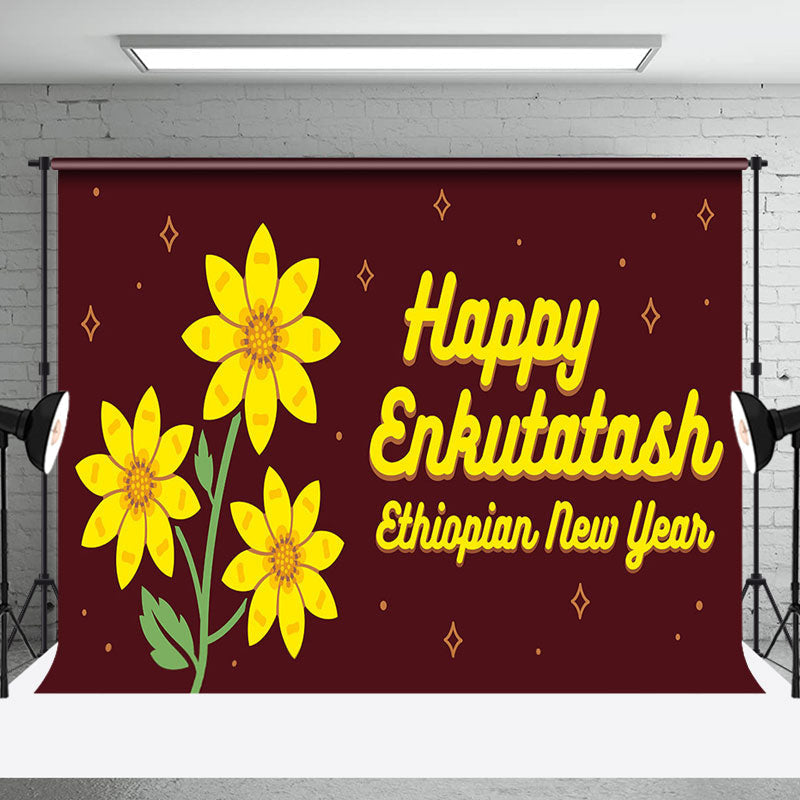 Aperturee - Aperturee Yellow Floral Reddish Brown Happy Enkutatash Backdrop