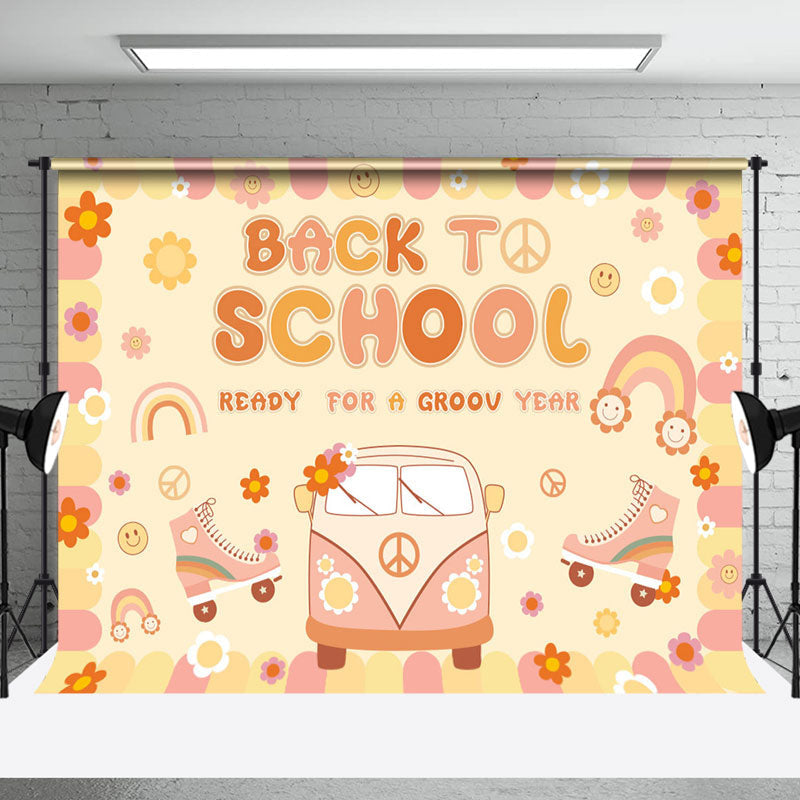 Aperturee - Aperturee Yellow Floral Sun Car Groovy Back To School Backdrop