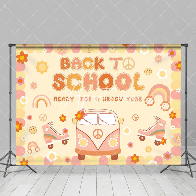 Aperturee - Aperturee Yellow Floral Sun Car Groovy Back To School Backdrop