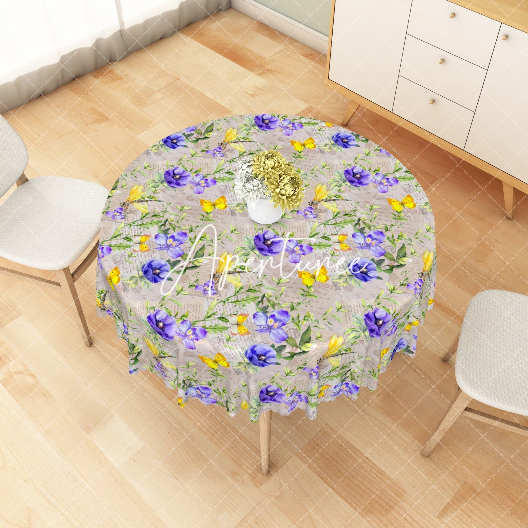 Aperturee - Aperturee Yellow Flowers Plants Butterfly Accent Tablecloth