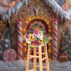 Aperturee - Aperturee Yellow Gingerbread House Candy Cane Xmas Backdrop