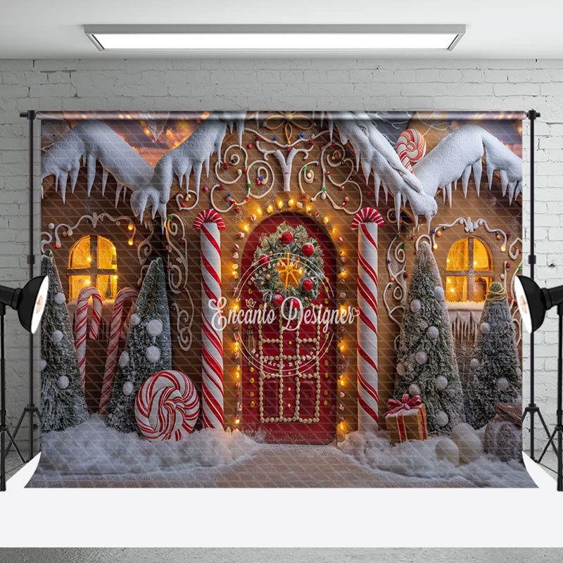 Aperturee - Aperturee Yellow Gingerbread House Candy Cane Xmas Backdrop