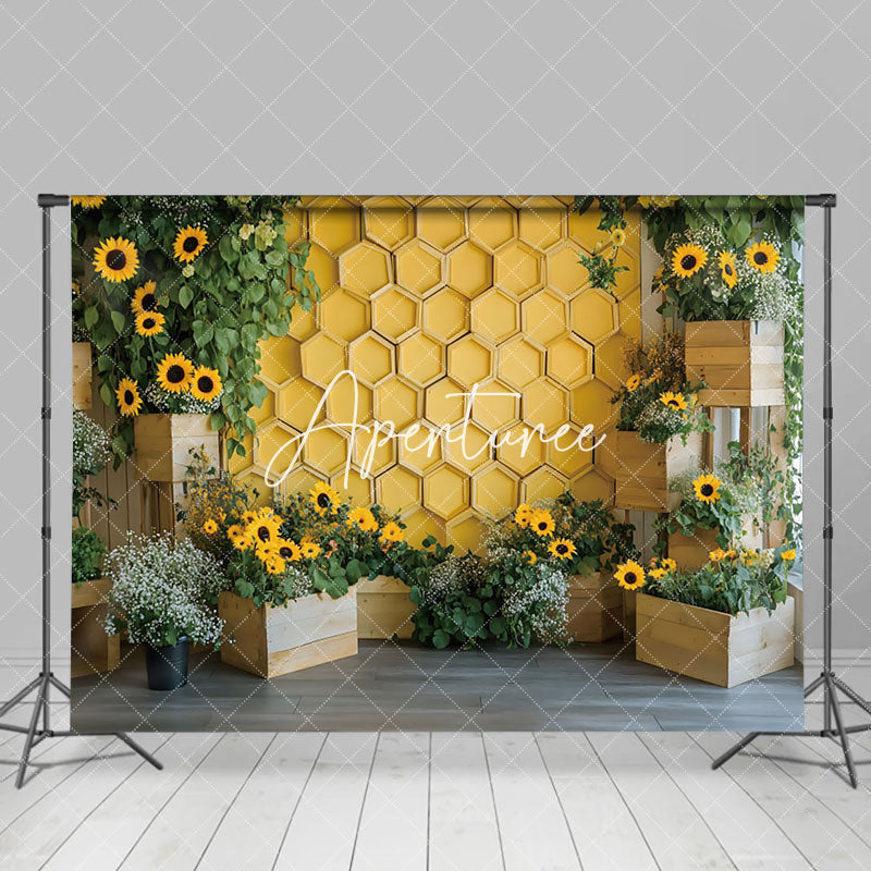 Aperturee - Aperturee Yellow Honeycomb Wall Greenery Floral Spring Backdrop