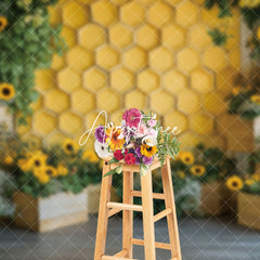 Aperturee - Aperturee Yellow Honeycomb Wall Greenery Floral Spring Backdrop